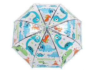 Kids Transparent Auto-Open Dome Umbrella - Dinosaur Print, Turquoise