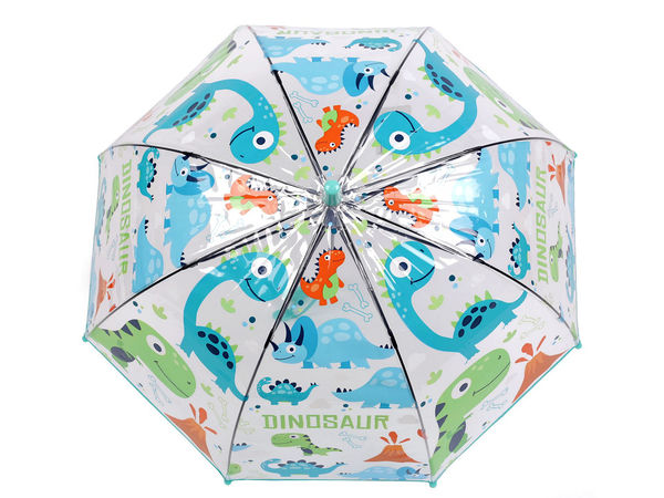 Kids Transparent Auto-Open Dome Umbrella - Dinosaur Print, Turquoise