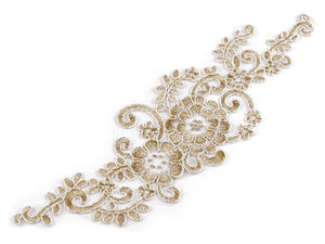 Premium Metallic Lurex Floral Lace Applique - Elegant Embroidered Yoke Insert on Tulle Base (9x29 cm) for Bridal, Evening Wear & Accessories