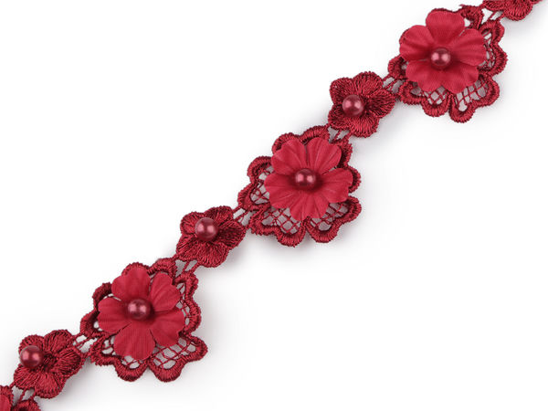 3D Floral Guipure Lace Trim with Riveted Pearl Beads - 30mm Elegant Embroidered Flower Ribbon for Sewing and Embellishment