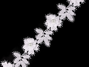Off White 3D Floral Guipure Lace Trim with Riveted Pearl Beads (42mm)