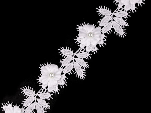 Off White 3D Floral Guipure Lace Trim with Riveted Pearl Beads (42mm)