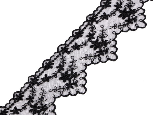 Delicate Embroidered Lace Trim on Monofilament Netting - 65mm Elegant Floral Lace Border for Bridal & Evening Gowns
