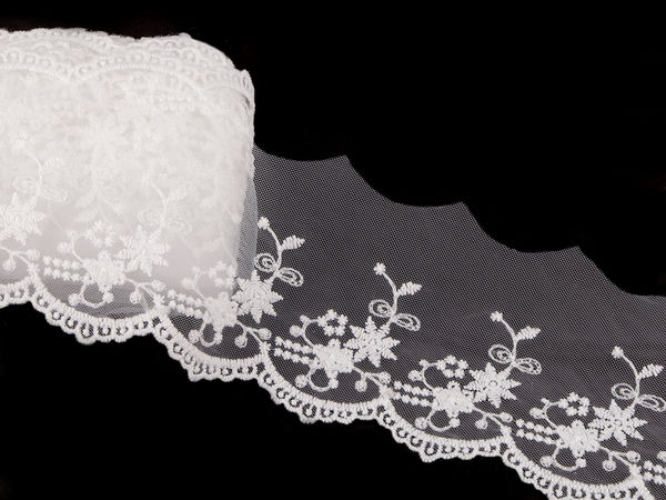 70mm Embroidered Monofilament Lace Trim with Scalloped Arches - Premium Floral Trim for Bridal, Evening Wear, and Festive Crafts