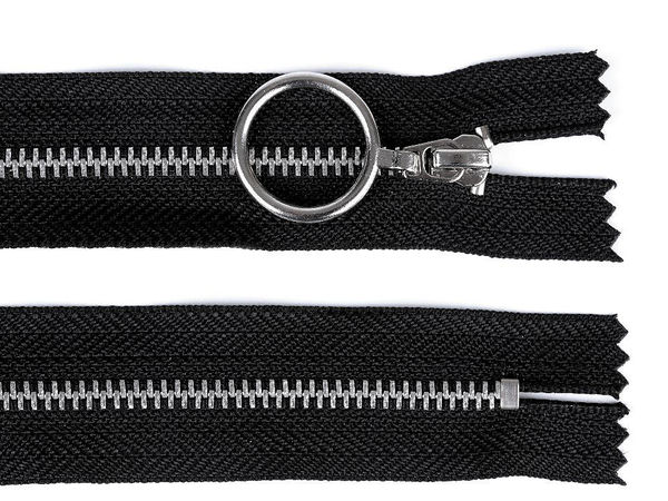 No. 4 Closed-End Metal Zipper, 20 cm with Silver Teeth and O-Ring Pull Slider, Black