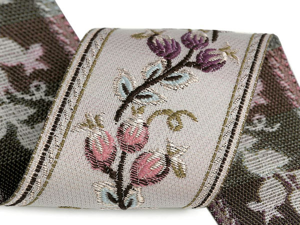 60mm Woven Jacquard Tapestry Ribbon Trim – Ornate Floral Bud Decorative Edging for Sewing & Home Decor