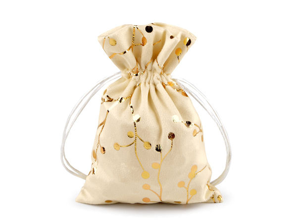 Elegant Velvet Gift Bag with Metallic Twigs Print - Creamy Light Gold, 13x18 cm
