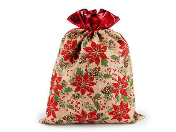 Reusable Christmas Drawstring Gift Bag (30x40 cm) – Premium Imitation Jute Holiday Pouch with Glitter Print