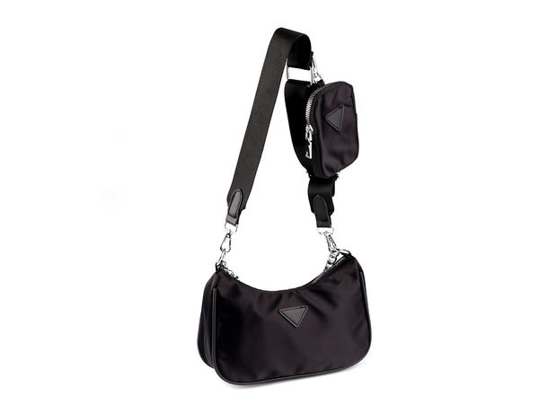 Women's 2-in-1 Nylon Crossbody Bag with Silver Chain and Removable Pouch - Versatile Shoulder Handbag (Black, 26x16 cm)