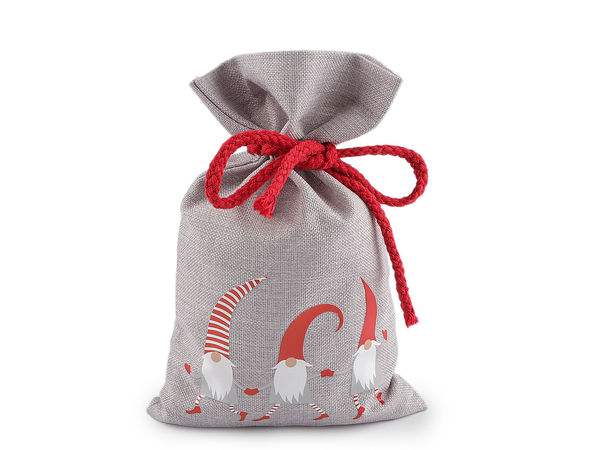 Elf Print Christmas Jute-Imitation Gift Bag, 15x25 cm Drawstring Pouch