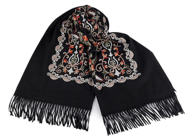 Luxury Embroidered Cashmere-Style Shawl Scarf with Fringe - Large Warm Winter Wrap, 70x180 cm