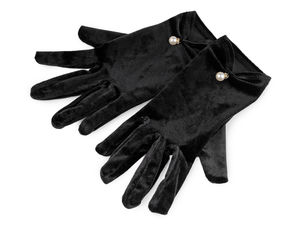 Elegant Black Velvet Short Evening Gloves with Pearl and Crystal Pendant Accent - One Size Fits Most