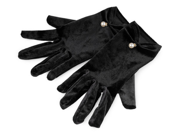 Elegant Black Velvet Short Evening Gloves with Pearl and Crystal Pendant Accent - One Size Fits Most