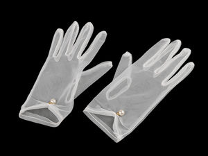 Elegant Short Tulle Evening Gloves with Pearl and Rhinestone Charm - Vintage Wrist-Length Dress Gloves for Tea Parties, Galas, and Formal Events