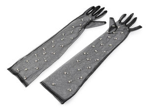 Elegant Long Tulle Evening Gloves with Riveted Pearl Embellishments