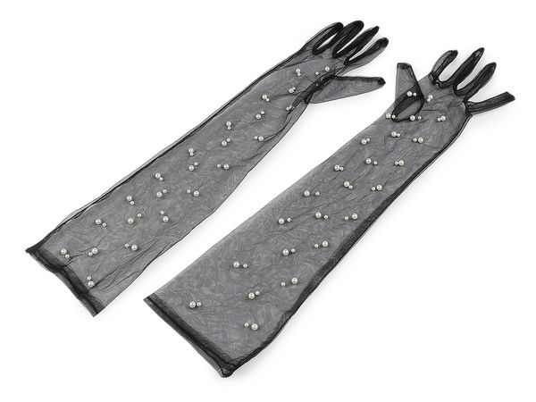 Elegant Long Tulle Evening Gloves with Riveted Pearl Embellishments