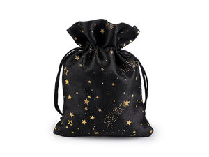 Premium Black Christmas Gift Bag with Gold Metallic Star Print, 13x18 cm - Elegant Drawstring Holiday Favor Bag