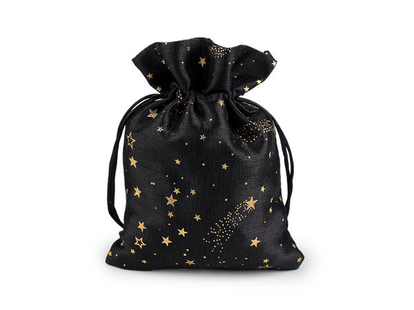 Premium Black Christmas Gift Bag with Gold Metallic Star Print, 13x18 cm - Elegant Drawstring Holiday Favor Bag