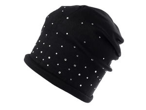 Women's Rhinestone Slouchy Cotton Beanie Hat - Elastic Knit Sparkle Skull Cap