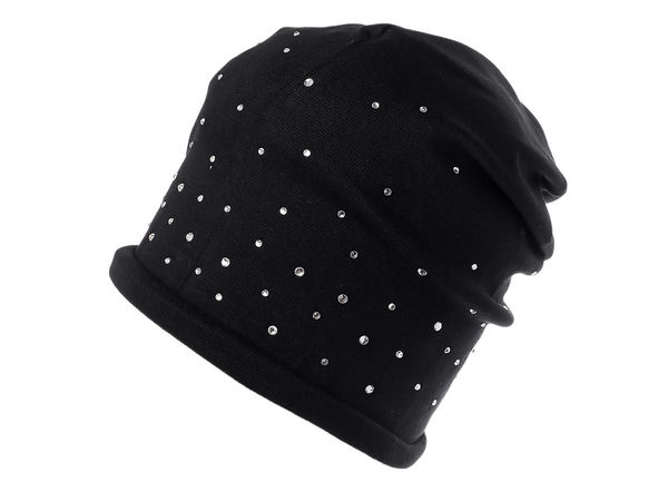 Women's Rhinestone Slouchy Cotton Beanie Hat - Elastic Knit Sparkle Skull Cap