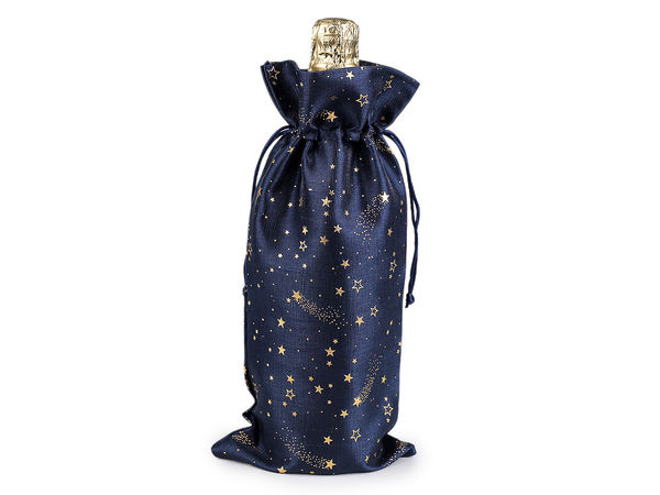 Premium Christmas Bottle Gift Bag - Gold Metallic Star Print Drawstring Wine Bag (15x33 cm)