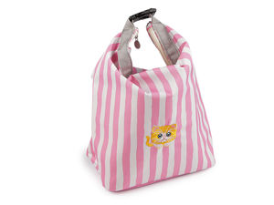 Premium Striped Embroidered Insulated Thermal Bag (37x34 cm) - Cat & Strawberry