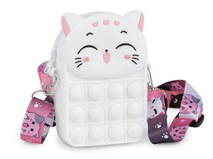 Kids 2-in-1 Silicone Cat Crossbody Bag and Pop Fidget Toy - Zippered Handbag and Accessory Case with Adjustable Detachable Strap