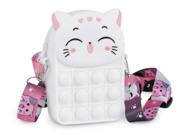 Kids 2-in-1 Silicone Cat Crossbody Bag and Pop Fidget Toy - Zippered Handbag and Accessory Case with Adjustable Detachable Strap
