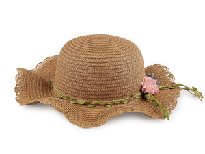 Girls' Floral Accent Paper Straw Sun Hat - Lightweight Wavy Brim Summer Beach Hat with Elastic Strap