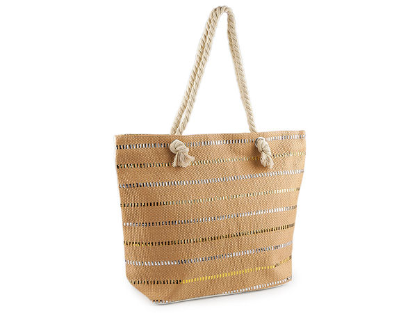 Premium Summer Paper Yarn Tote Bag with Metallic Stripes - Large Beach & City Handbag with Cotton Cord Handles, 52x38 cm