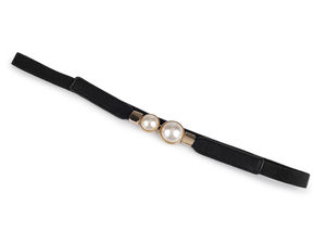 Women's Elegant Elastic Waist Belt with Pearl Clasp - Slim 1.5cm Stretch Cinch Belt (Black)
