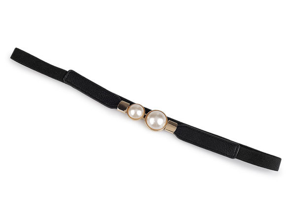 Women's Elegant Elastic Waist Belt with Pearl Clasp - Slim 1.5cm Stretch Cinch Belt (Black)