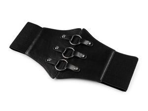 Women's Wide Elastic Corset Belt - Stretch Waist Cinch Belt with Faux Leather Front and Metal Accents