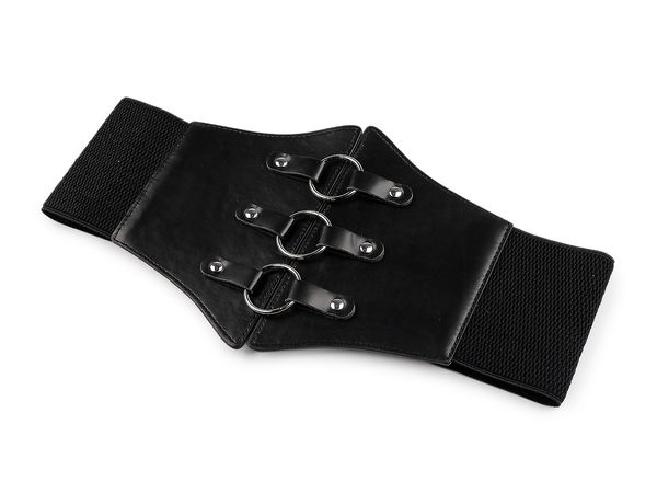 Women's Wide Elastic Corset Belt - Stretch Waist Cinch Belt with Faux Leather Front and Metal Accents