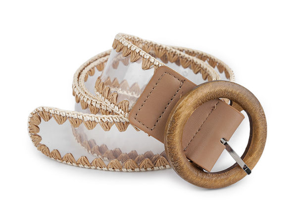 Women's Wide Stitching Belt (4.5 cm) in Beige Camel - Adjustable with Wooden or Eco-Leather Buckle Options