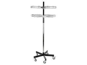 2-Tier Rotating Metal Scarf Display Stand on Wheels - Silver Mobile Commercial Rack with Hanging Hooks