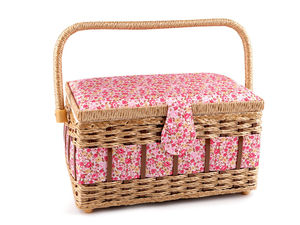Classic Fabric Sewing Basket and Organizer Box with Removable Multi-Compartment Tray and Magnetic Closure