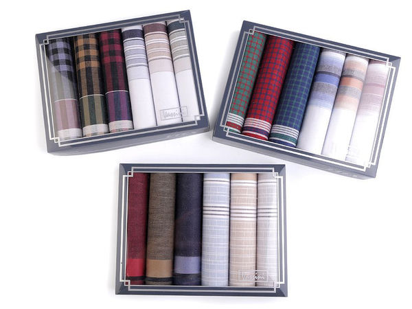 Men's Premium Cotton Handkerchief Gift Box Set - 6-Piece Soft Square Pocket Squares, Assorted Dark Designs (40 x 40 cm)