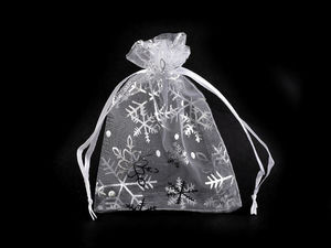 White & Silver Snowflake Organza Gift Bags (9x12 cm) - Christmas Drawstring Pouches with Satin Laces