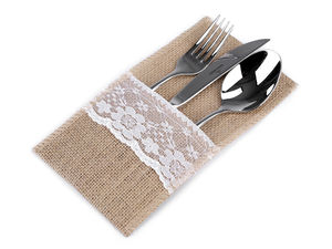 Natural Jute Burlap Cutlery Holder with Lace Detail (11x20 cm) - Rustic Tableware Silverware Pouch