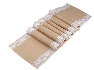 Elegant Jute Table Runner with Classic Bloom Lace Border, 30 x 300 cm - Vintage Rustic Tablecloth for Weddings, Parties, and Home Decor