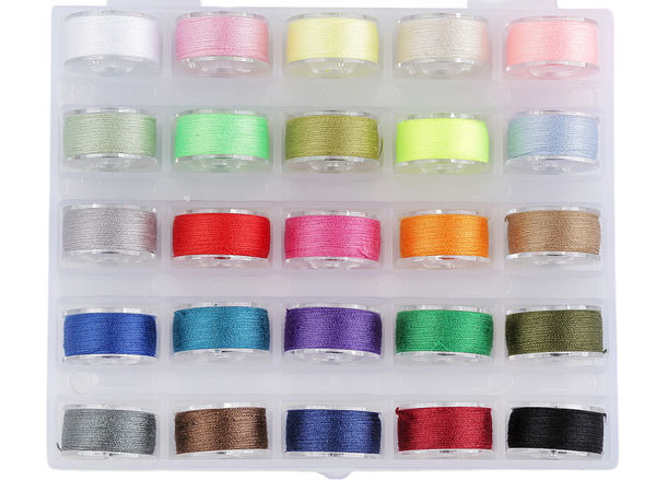 Premium Bobbin Organizer Box with 25 Pre-Wound Assorted Color Bobbins - Sewing Machine Storage Case