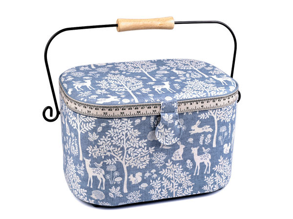 Vintage-Style Upholstered Sewing Basket with Wooden Handle, Removable Organizer Tray, and Integrated Pincushion
