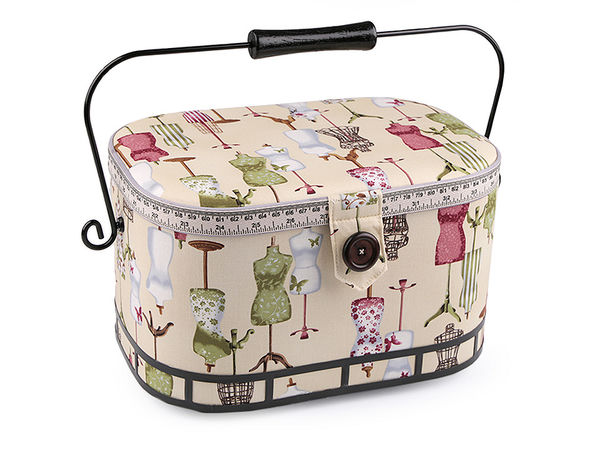 Vintage-Style Upholstered Sewing Basket with Wooden Handle, Removable Organizer Tray, and Integrated Pincushion