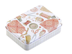 Vintage-Style Tin Sewing Box Organizer with Removable Lid - Decorative Haberdashery Storage Container for Sewing Supplies, Jewelry, and Crafts