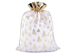 White Imitation Jute Christmas Gift Bag with Satin Accents and Tree Print (30x40 cm)
