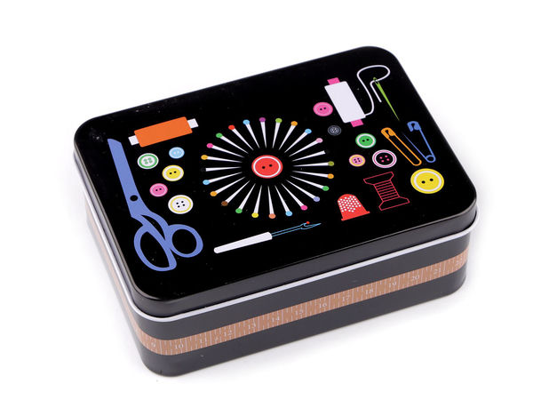 Premium Seamstress Sewing Supply Tin Box - Black Metal Storage Organizer with Removable Lid
