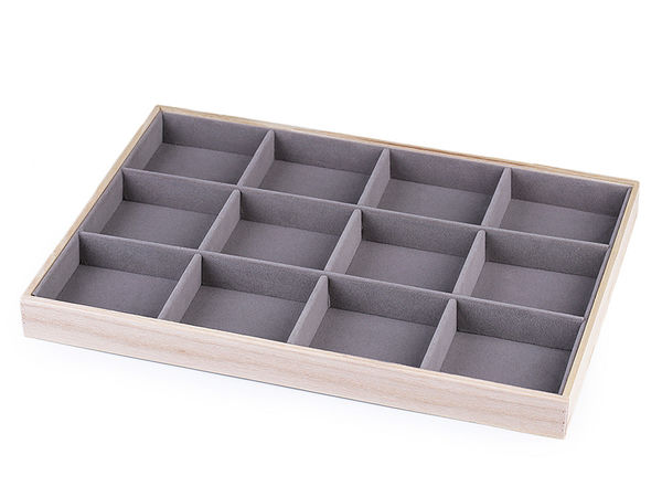 Premium Grey Velvet Wooden Jewellery Display Platter – 12-Compartment Showcase Tray with Removable Dividers