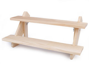 Premium 2-Tier Wooden Display Stand - Foldable Tabletop Riser with Reversible Grooved Shelves for Jewelry, Retail & Stall Showcases