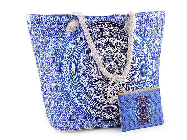 Premium Large Cotton Beach Bag with Mandala Print & Detachable Cosmetic Pouch Set – Spacious Summer Tote with Rope Handles, 39x50 cm